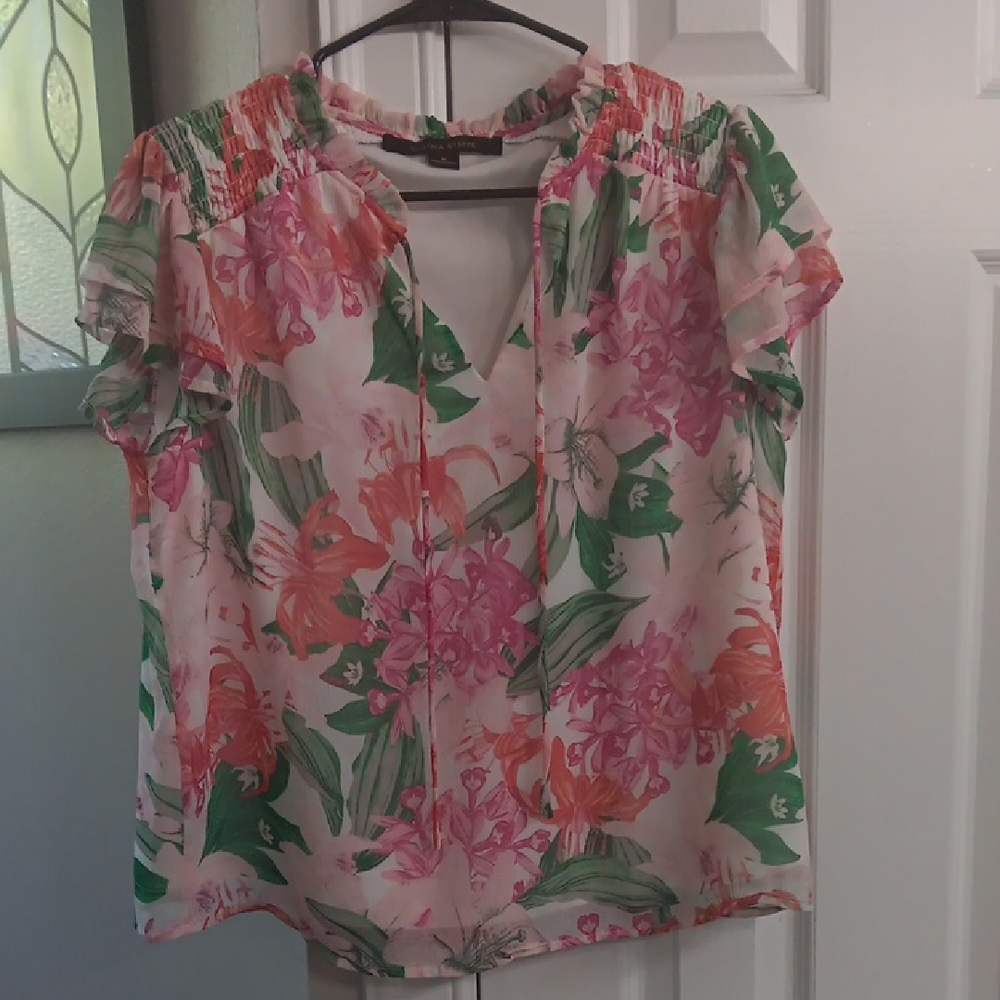 Cynthia Steffe Pink and Orange Ruffled Tie Front Blouse